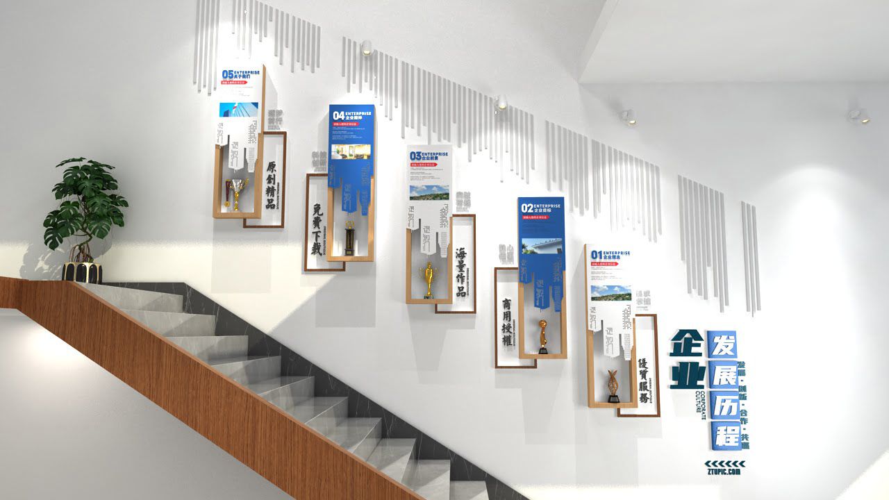 蓝色公司发展历程楼梯文化墙(图4)