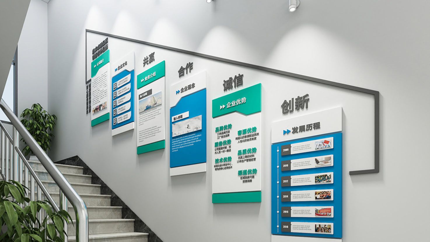 蓝色公司发展历程楼梯文化墙(图6)