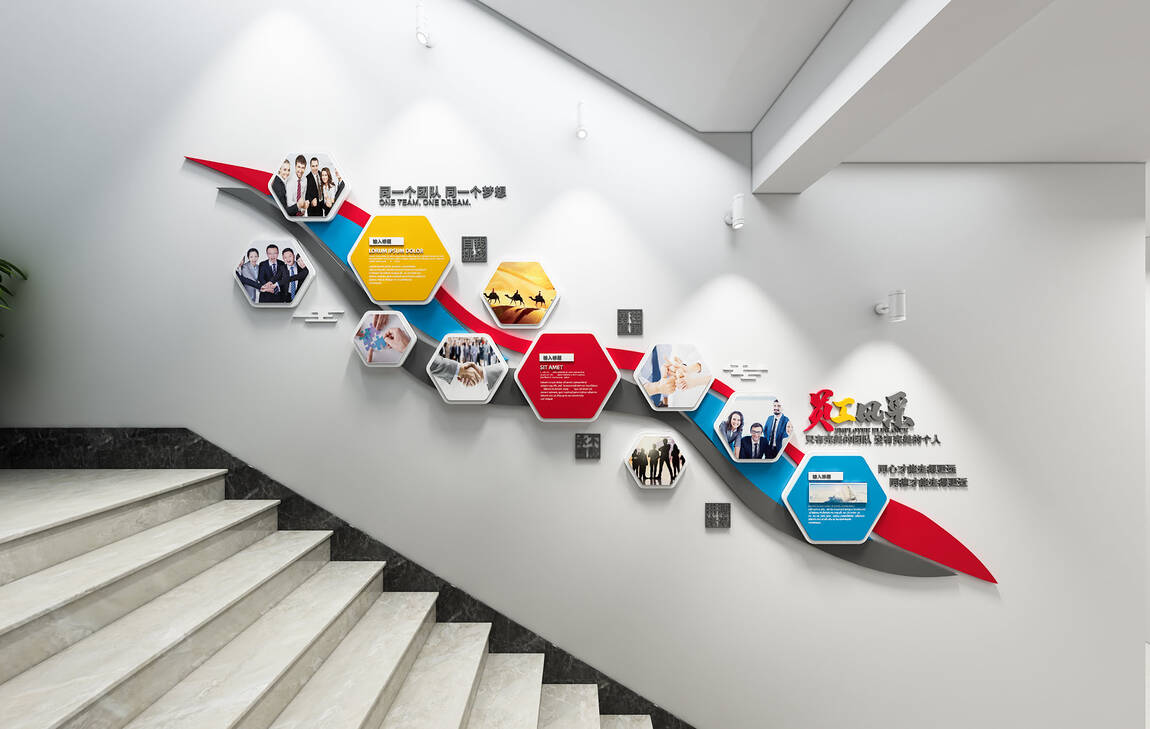 蓝色公司历程企业楼梯文化墙(图1)