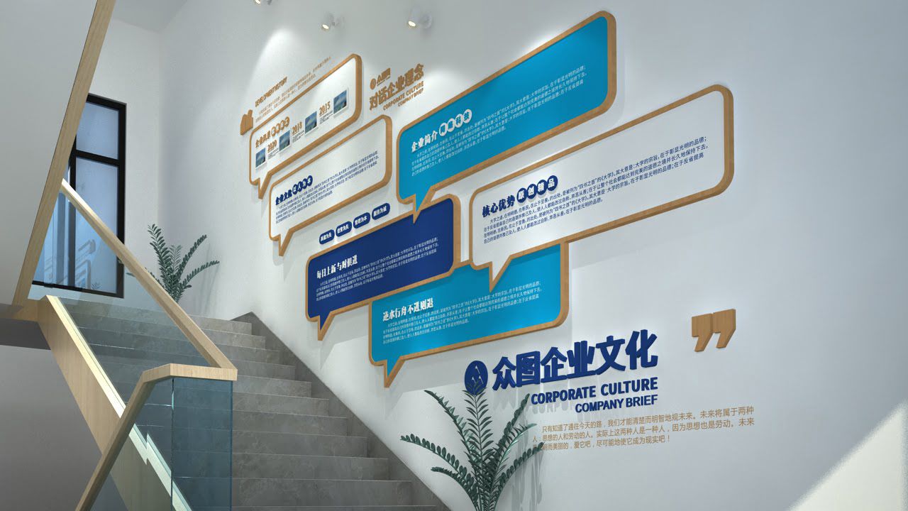 蓝色公司发展历程楼梯文化墙(图3)