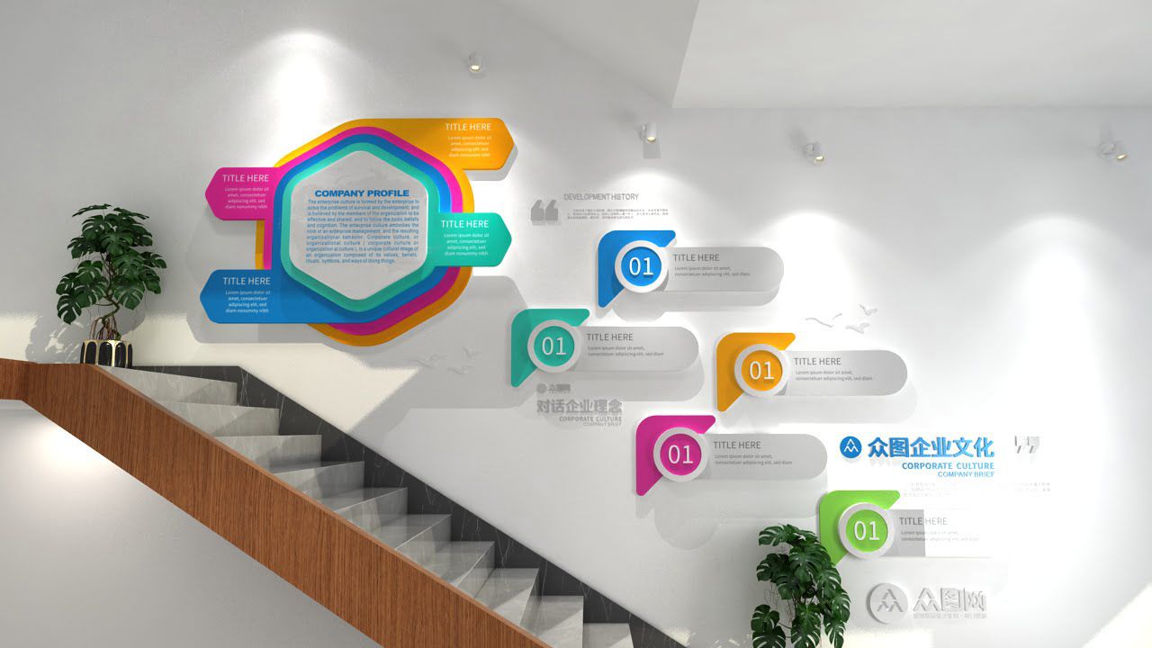 蓝色公司发展历程楼梯文化墙(图5)