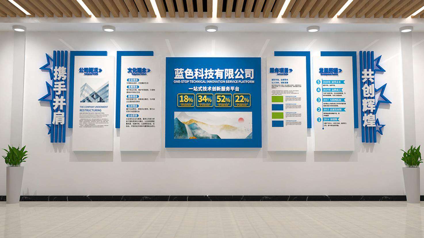模板定制蓝色科技企业文化墙背景墙公司办公室装饰(图2)