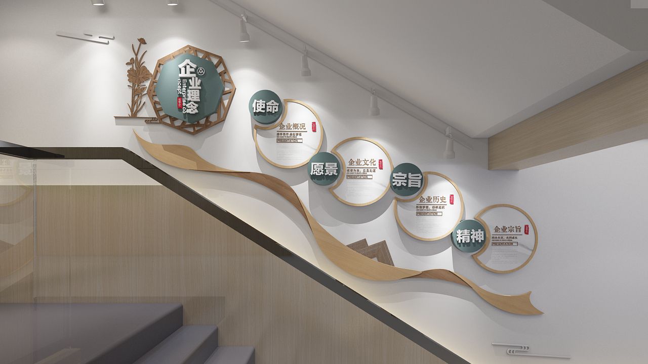 现代原木轻绿楼梯文化墙(图2)